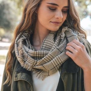 Glen Checked Frayed Trim Infinity Scarf